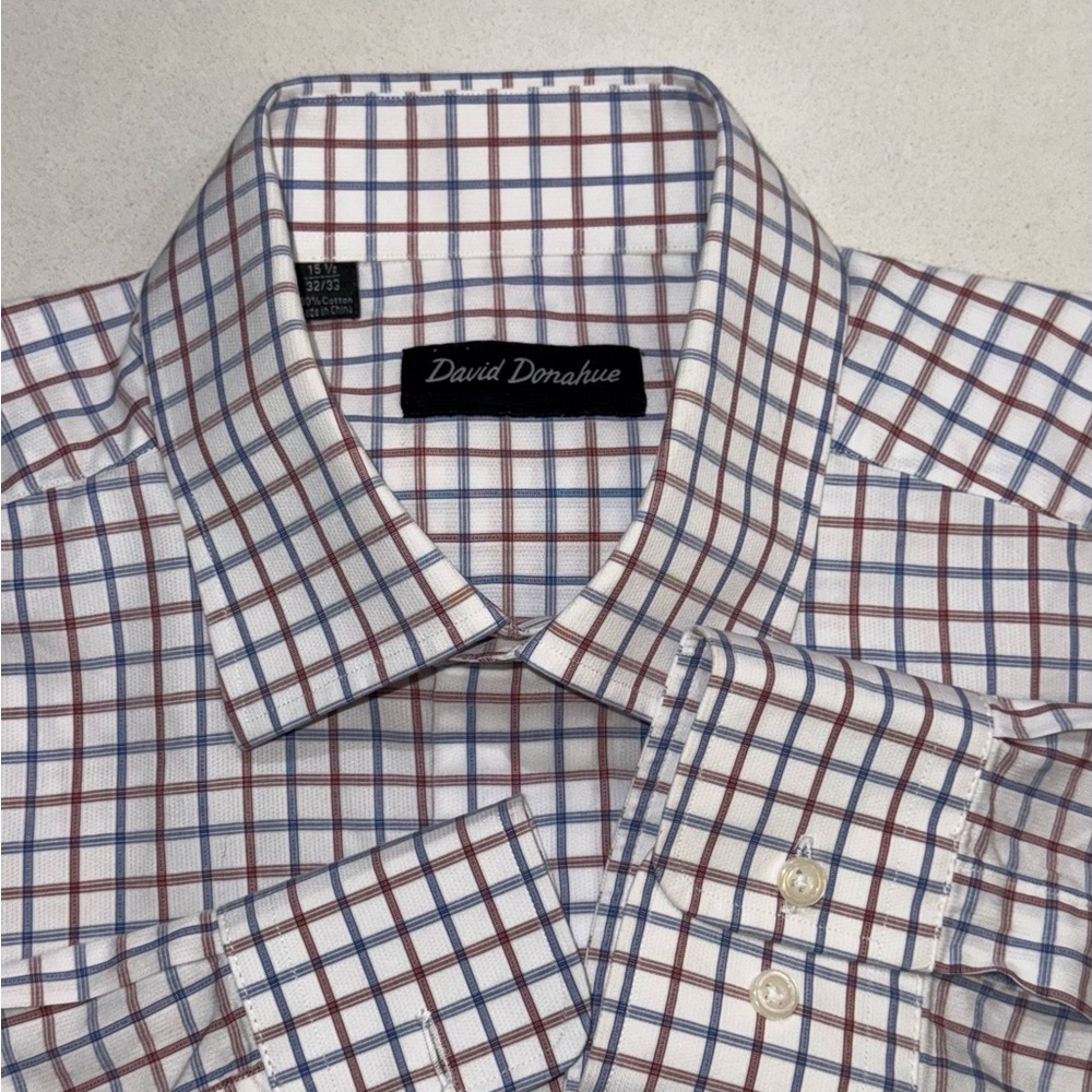 David Donahue Shirt 15.5 32-33 Windowpane Check blue / burgundy Spread Collar